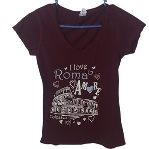 JHK Maroon Graphic Tee Shirt V-neck I love Roma Amore Colosseo Short Sleeve